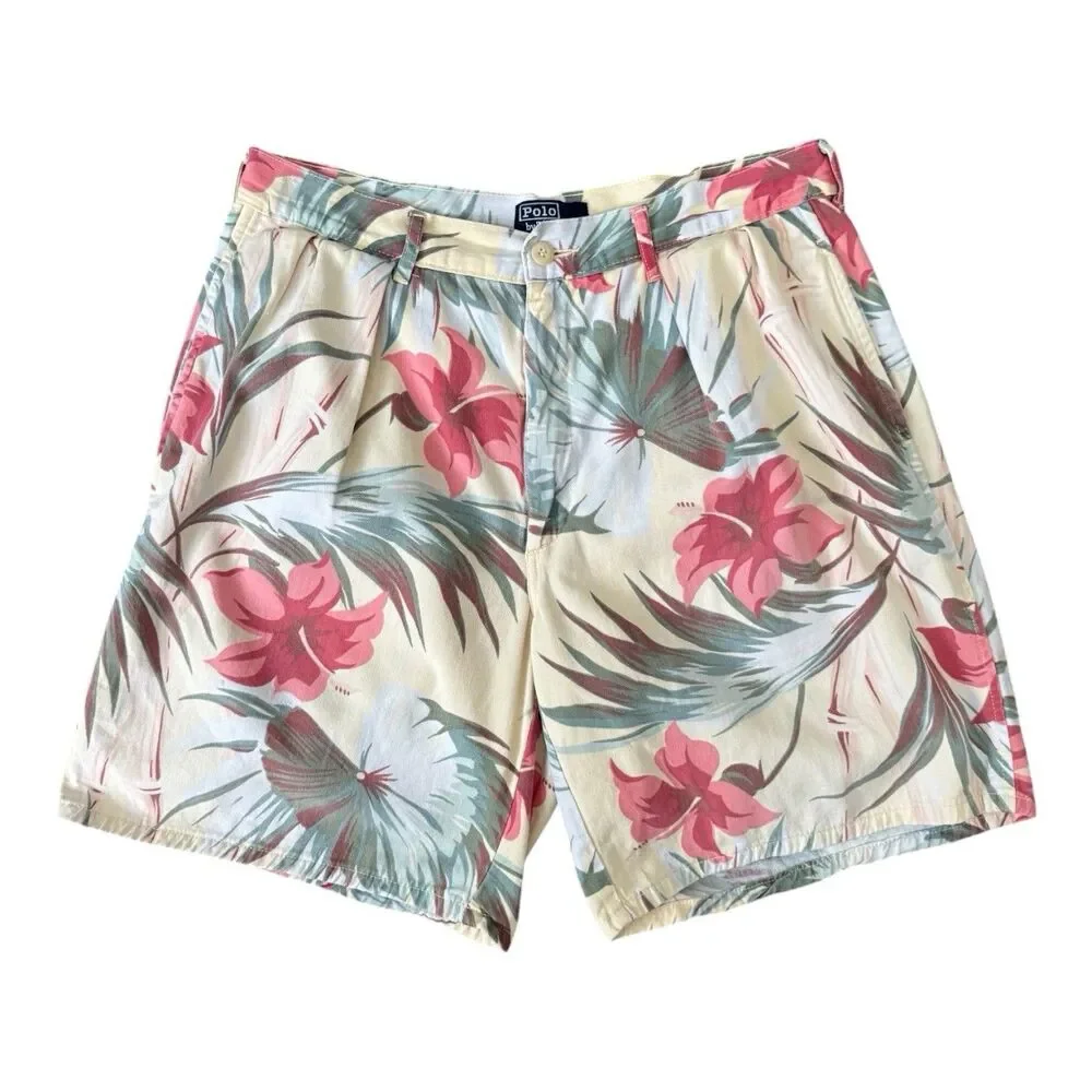 VTG Polo Ralph Lauren Men Cotton Short 31 Floral Hawaiian Print 8” Made In USA
